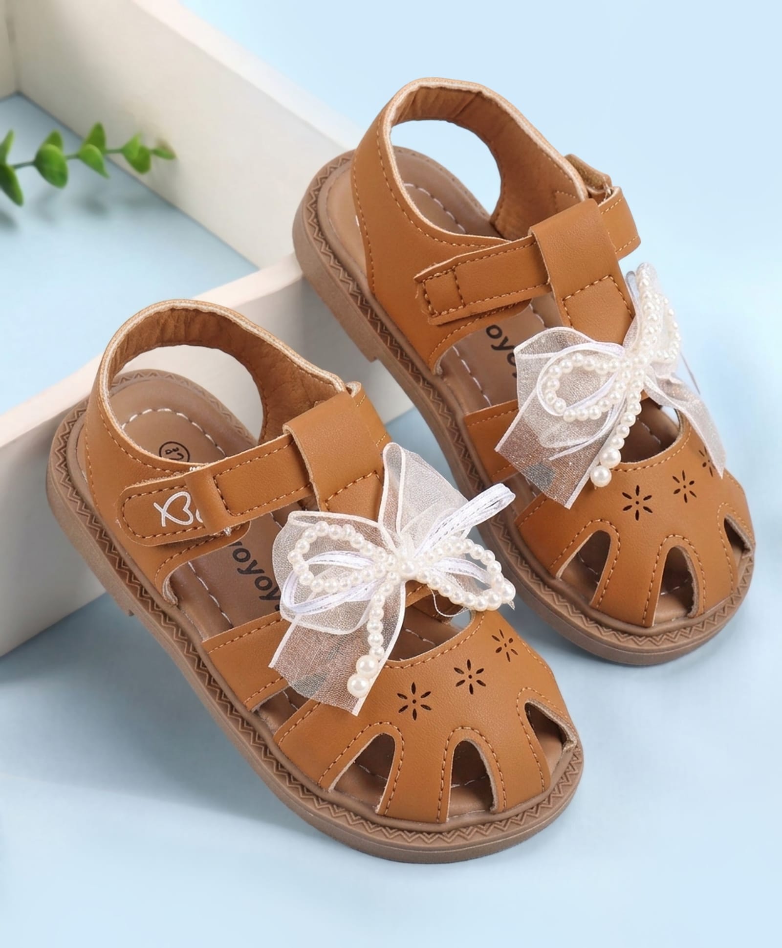 Babyoye Velcro Sandals With Bow Applique - Brown-picture-16