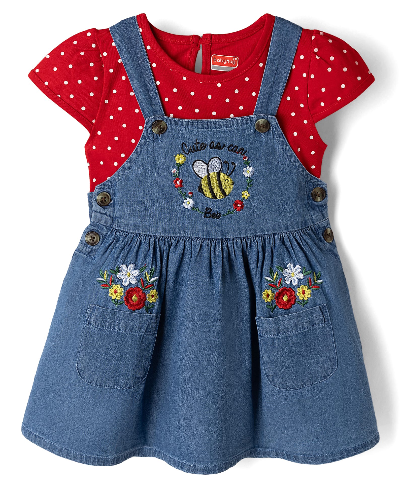 Babyhug Cotton Woven Frock With Inner Tee with Short Sleeves and Bee Embroidery in Blue for 9-12 Months-image-27