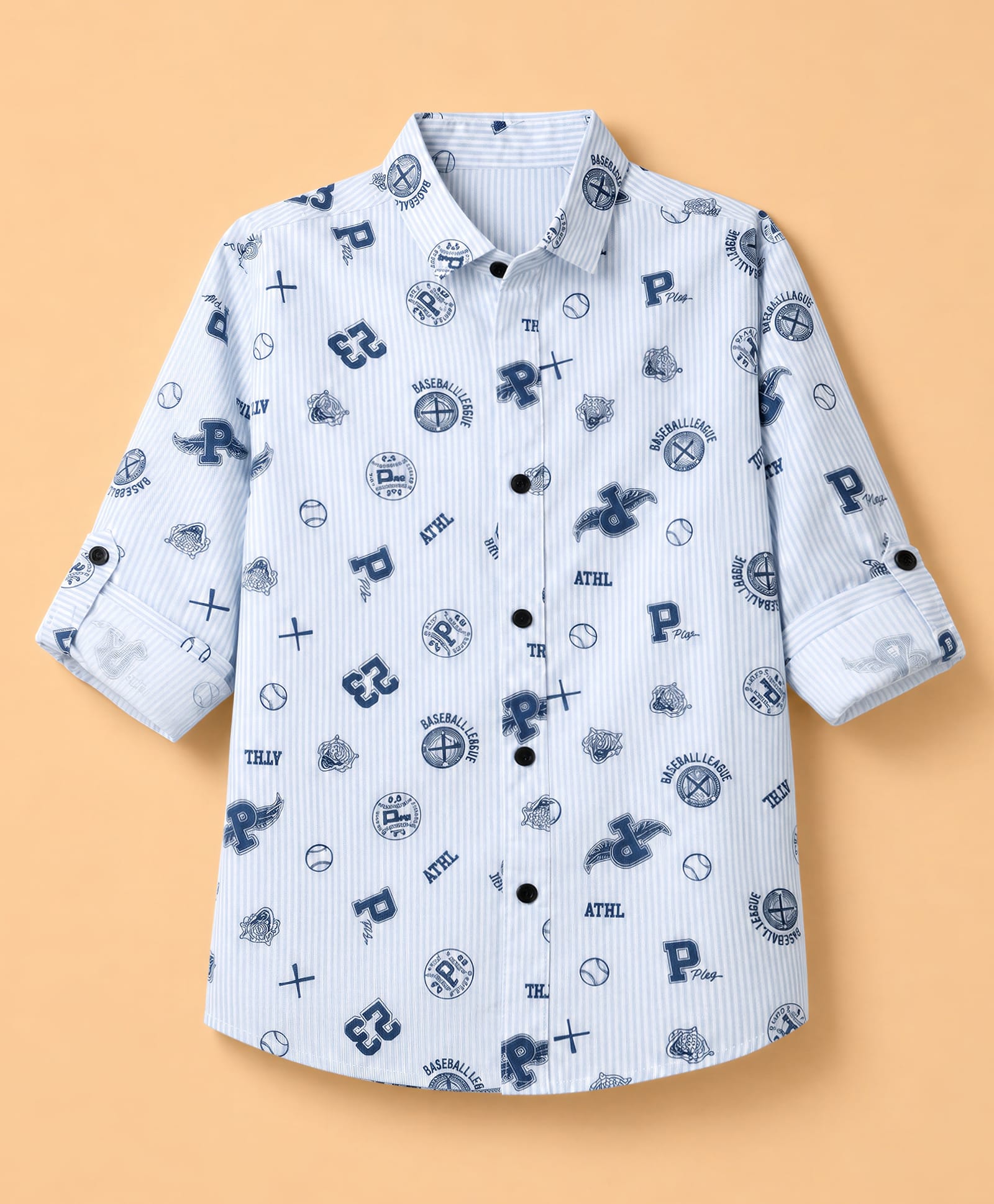 Jash Kids Cotton Woven Full Sleeves Baseball Theme Printed Striped Shirt - Light Blue-picture-23