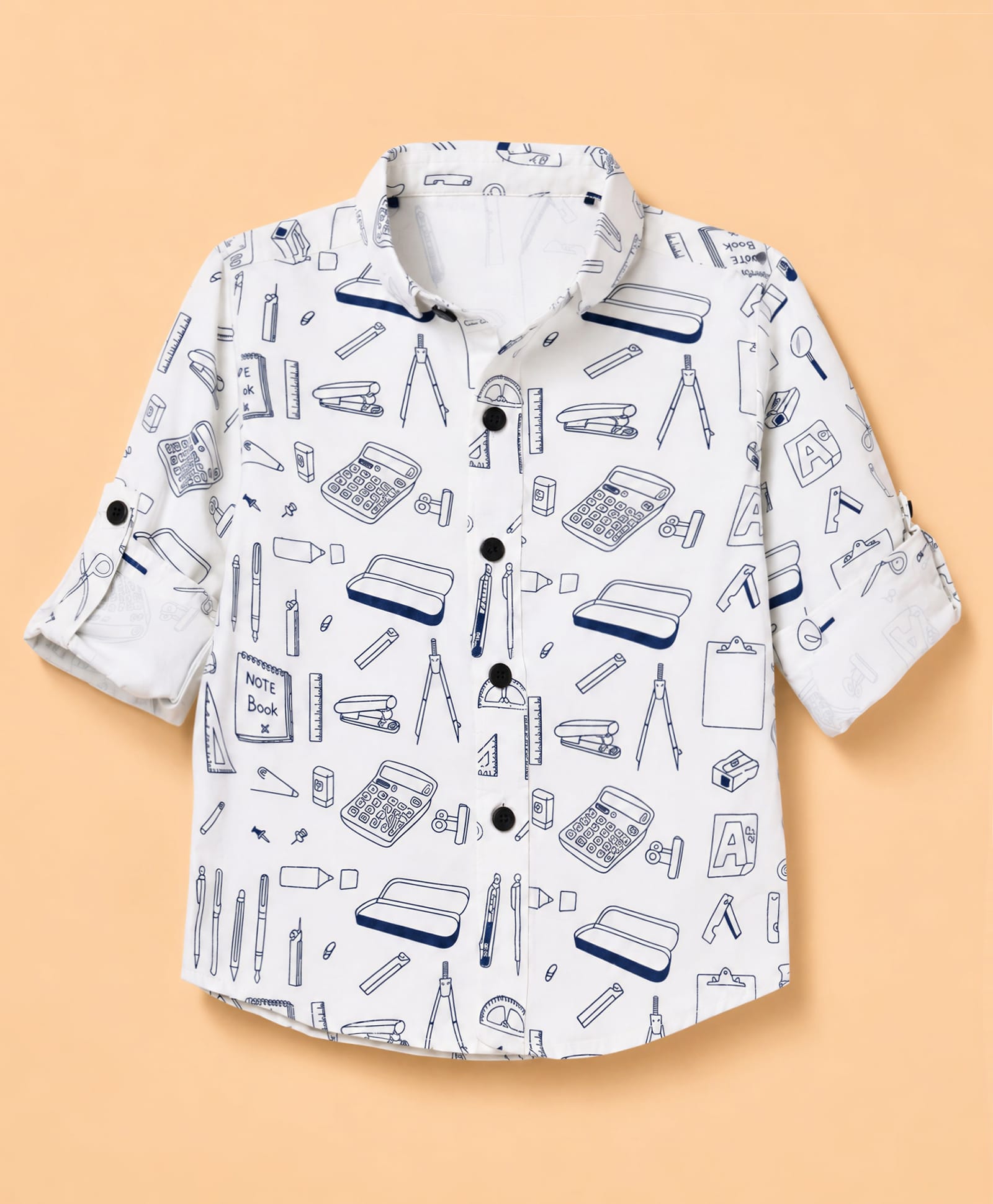 Jash Kids Cotton Woven Full Sleeves Shirt With Stationery Print - Navy Blue & White-picture-14