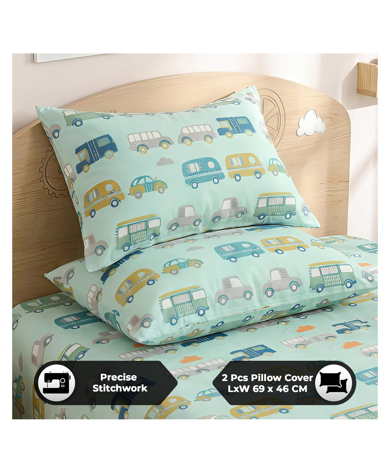 KIDS WONDERS Kids Print Flat Bedsheet in New Car print With 2 Pillow Covers-image-46