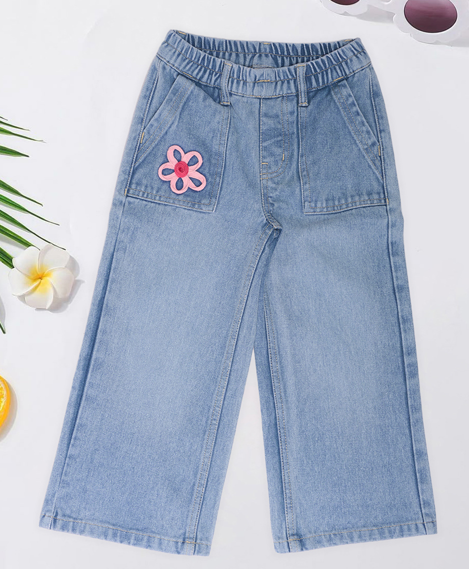Pantaloons Junior Cotton Woven Floral Applique Detailed Washed Jeans - Light Blue-picture-11
