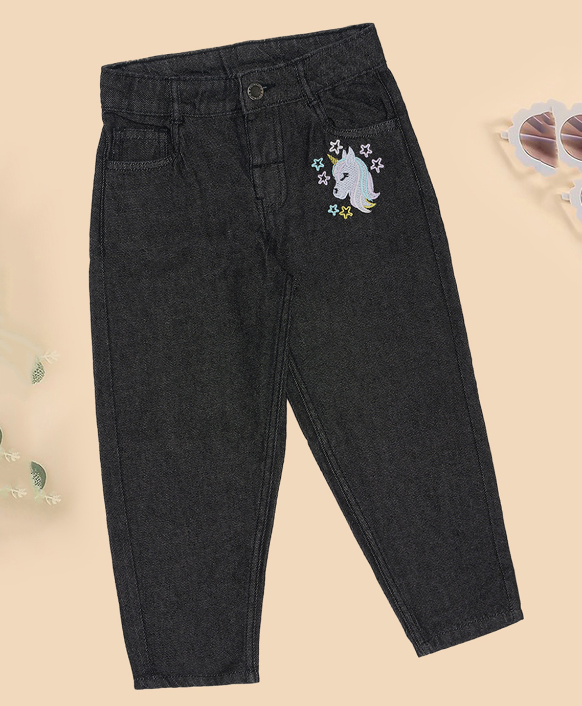 Pantaloons Junior Cotton Woven Unicorn Embroidered Jeans - Black-image-41