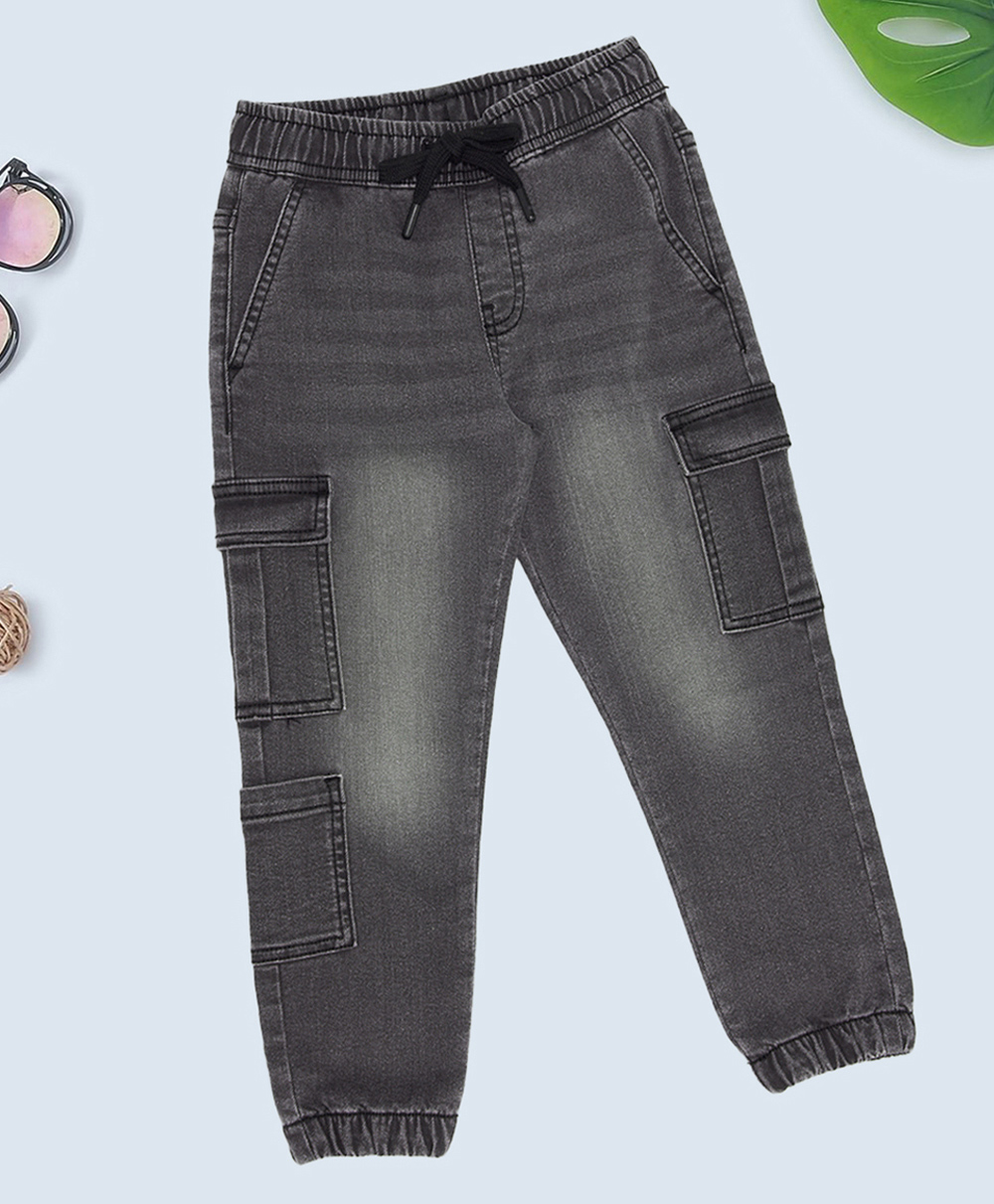 Pantaloons Junior Cotton Woven Mild Washed Cargo Style Jeans - Charcoal Grey-picture-16