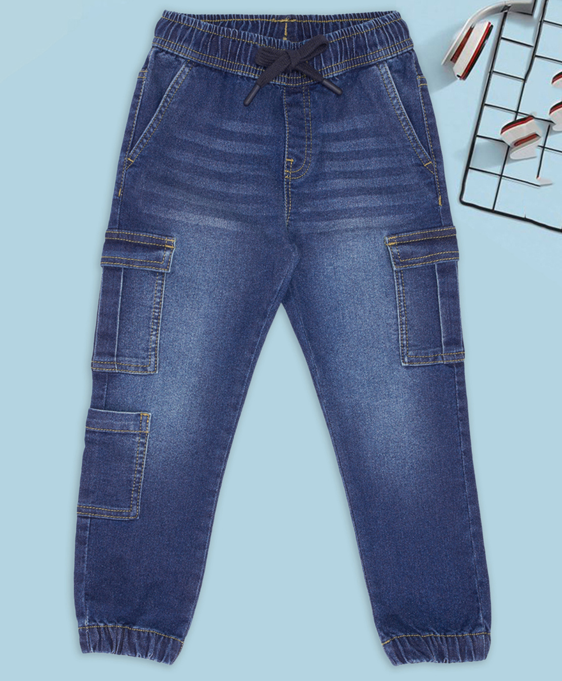 Pantaloons Junior Cotton Woven Mild Washed Cargo Style Jeans - Blue-picture-14