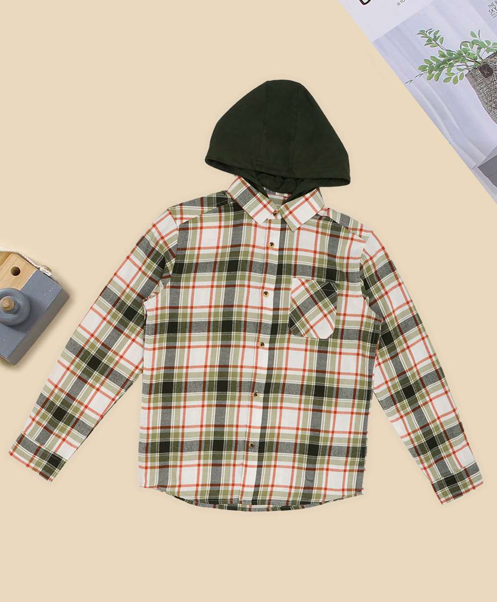 Pantaloons Junior Cotton Woven Full Sleeves Checked Shirt With Detachable Hood - Green-picture-19