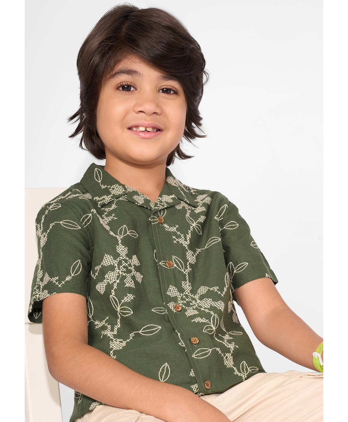 Pantaloons Junior Cotton Woven Half Sleeves Floral Embroidered Shirt - Green-picture-14