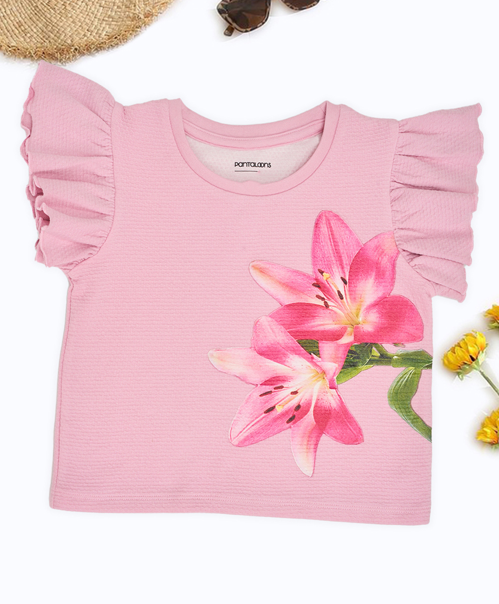 Pantaloons Junior Woven Frill Sleeves Floral Printed Top - Pink-image-47