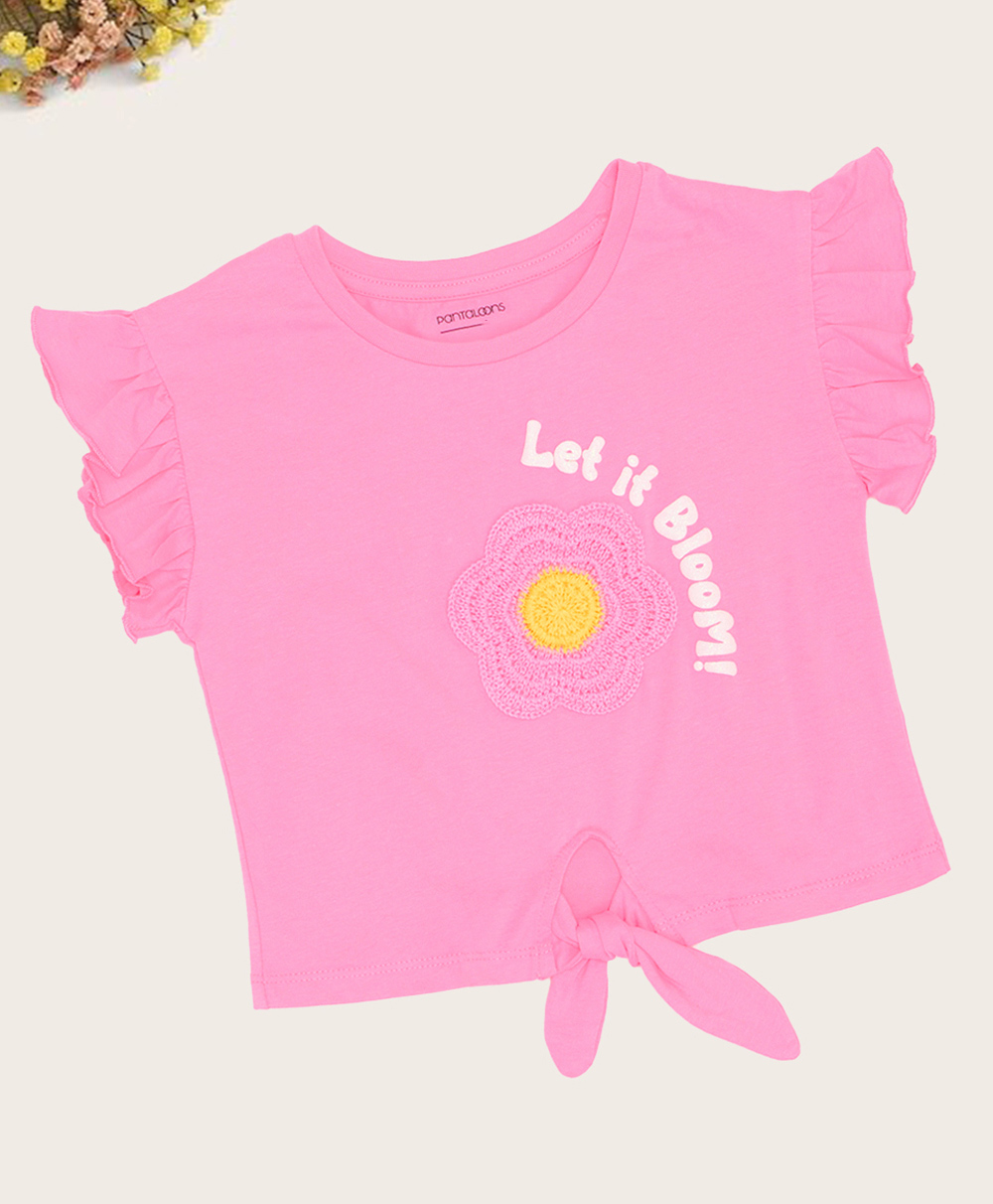 Pantaloons Junior Cotton Knit Frill Sleeves Let It Bloom Text & Floral Applique Detailed Top - Pink-picture-13