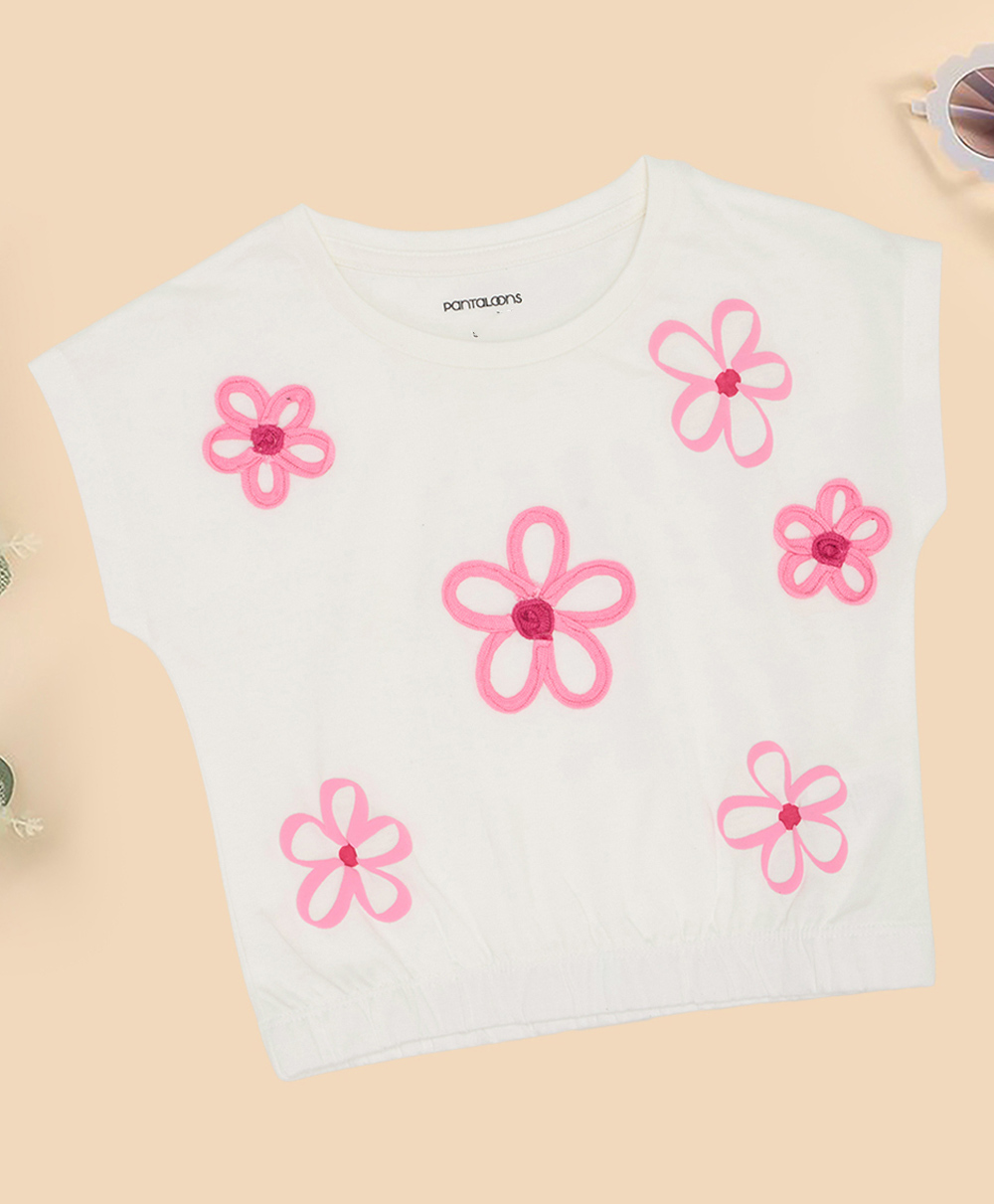 Pantaloons Junior Cotton Knit Half Sleeves Floral Applique Detailed & Printed Top - Off White-picture-31