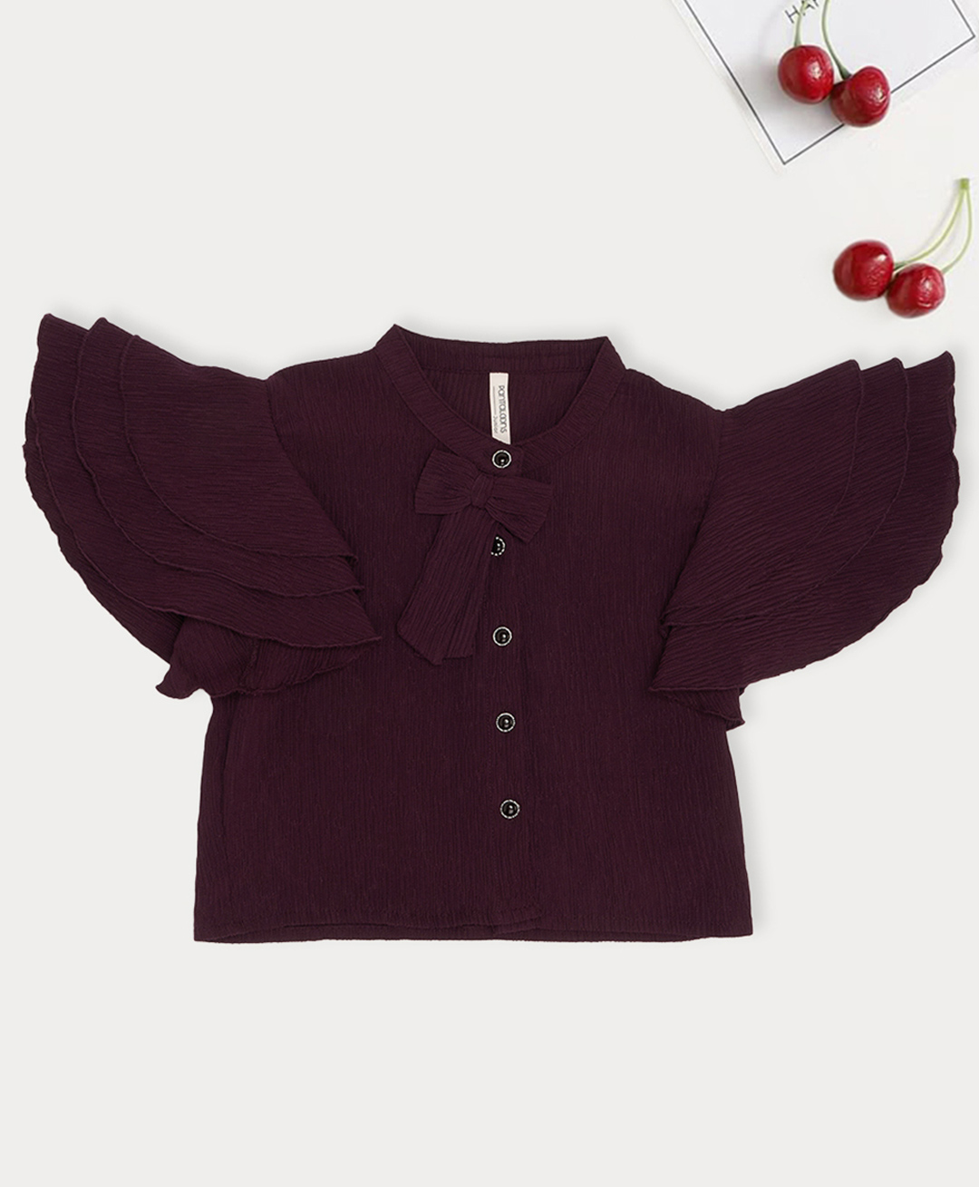Pantaloons Junior Woven Half Flutter Sleeves Bow Applique Detailed Crinkled Top - Wine-picture-12