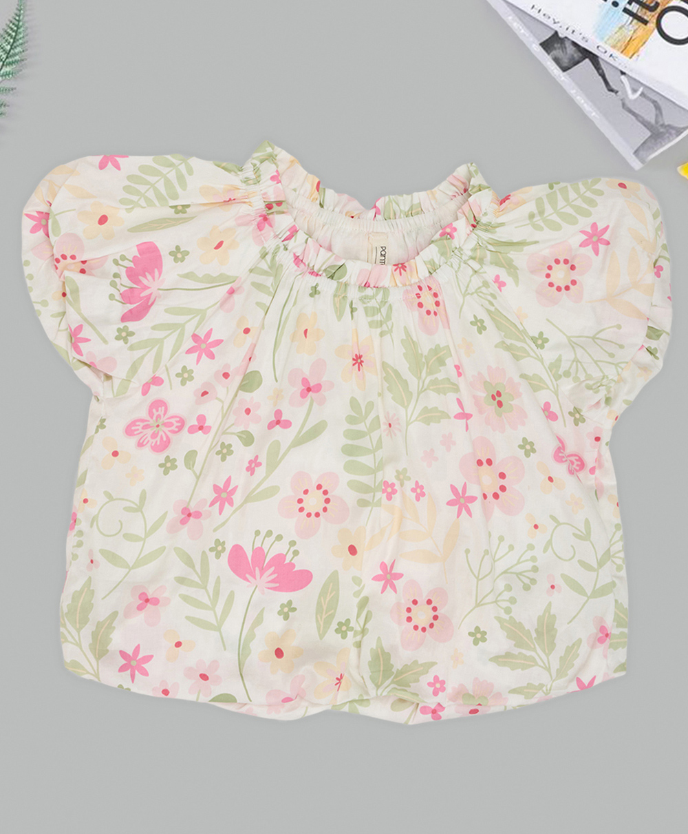 Pantaloons Junior Cotton Woven Half Puffed Sleeves Floral Printed Top - Off White-image-20