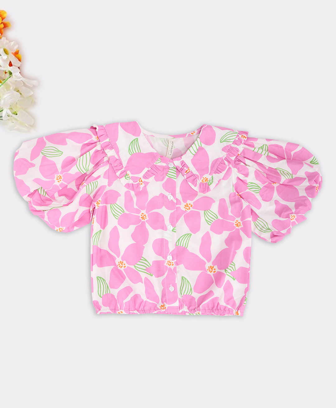 Pantaloons Junior Cotton Woven Half Puffed Sleeves Floral Printed Shirt Style Top - Pink-picture-18