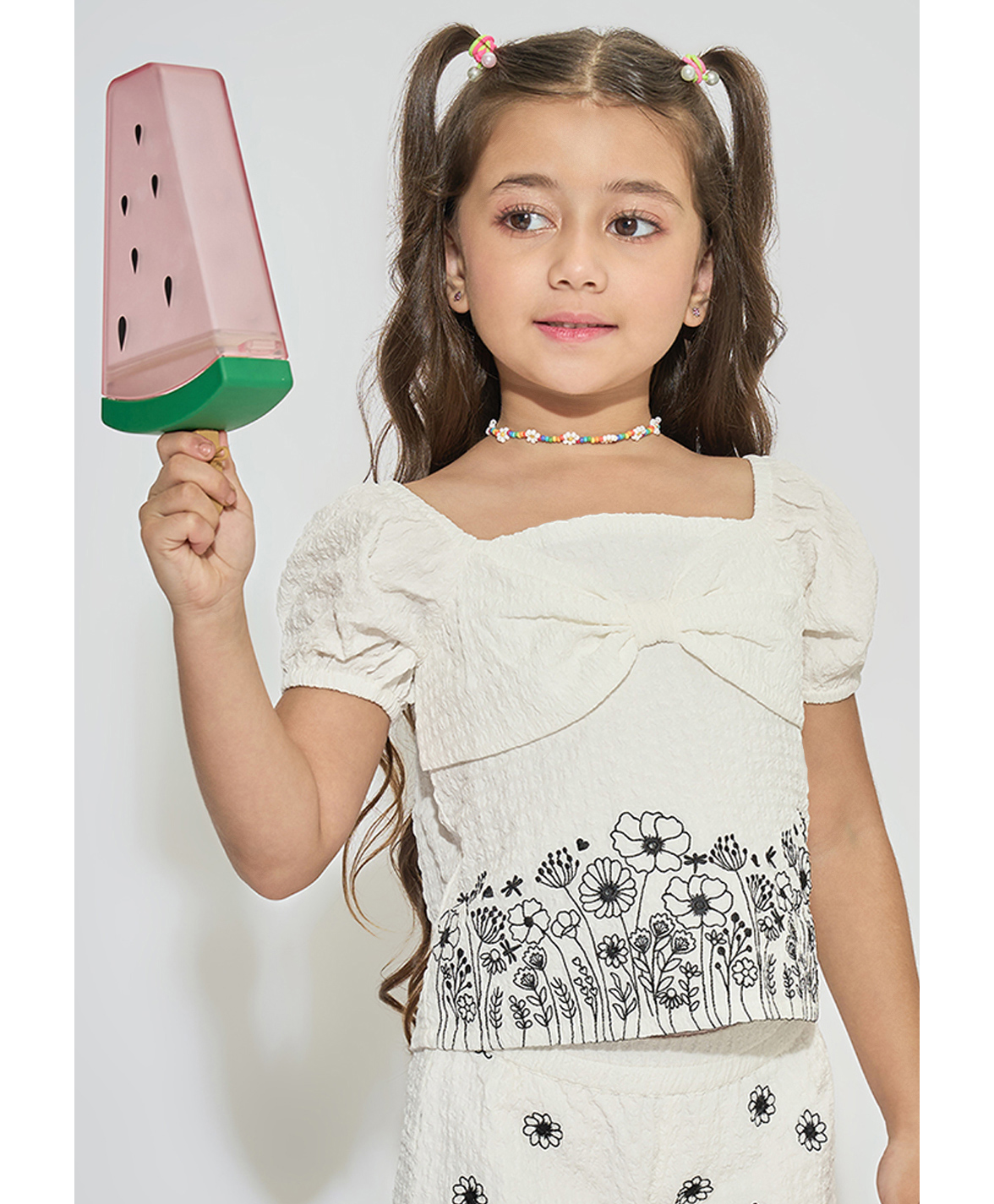Pantaloons Junior Moss Crepe Woven Half Puffed Sleeves Floral Embroidered Bow Applique Detailed Smocked Top - Off White-image-25