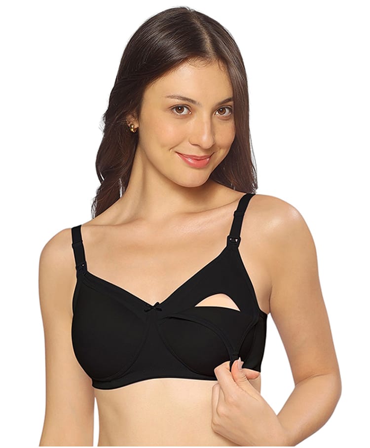 MomToBe Cotton Knit Solid Non Padded Maternity Bra With Front Open Nursing Access - Ink Black-picture-22