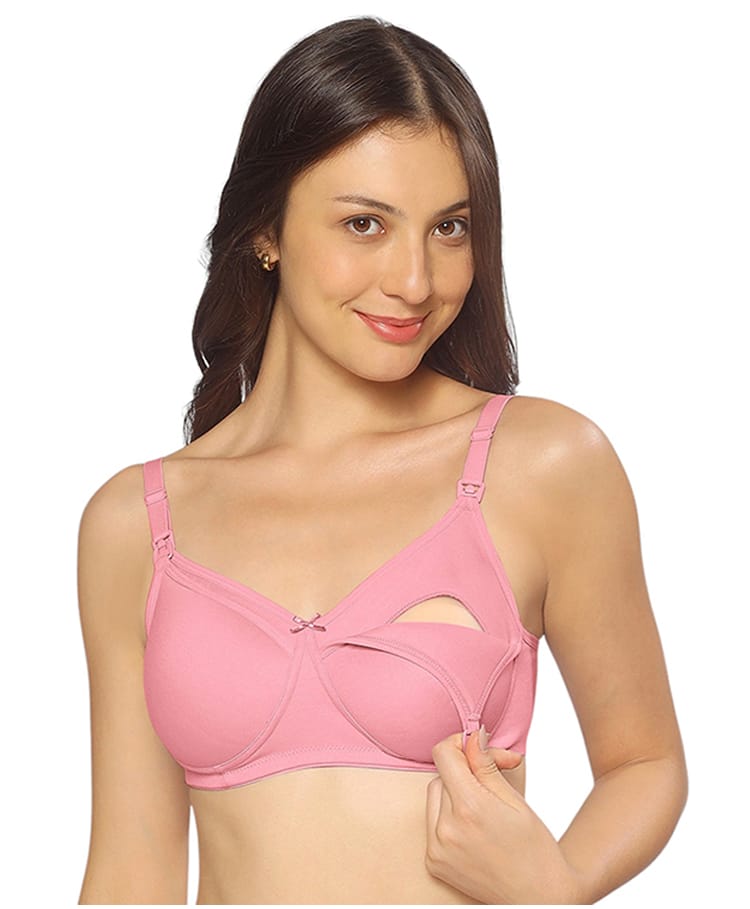 MomToBe Cotton Knit Solid Non Padded Maternity Bra With Front Open Nursing Access - Blush Pink-image-4