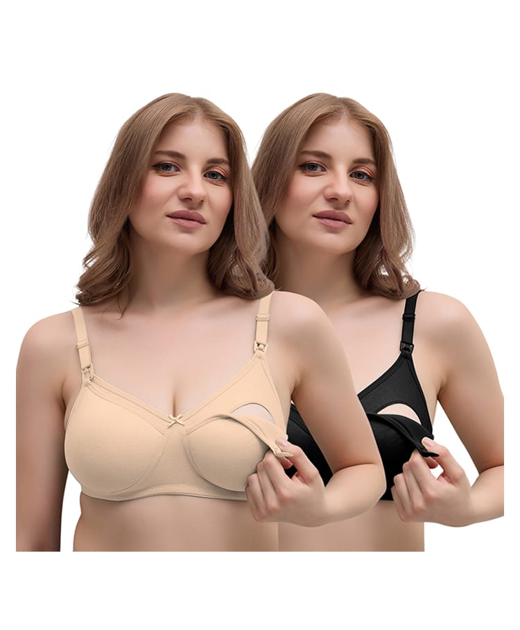 MomToBe Cotton Knit Pack Of 2 Solid Maternity Bras With Front Open Nursing Access - Multi Colour-picture-12