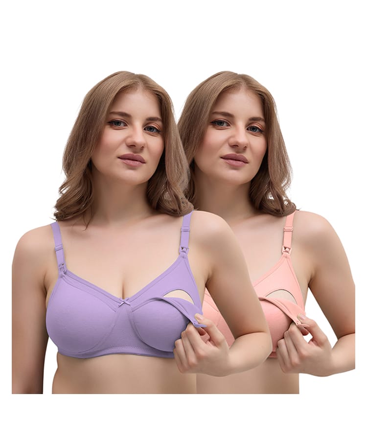 MomToBe Cotton Knit Pack Of 2 Solid Maternity Bras With Front Open Nursing Access - Purple & Peach-image-10