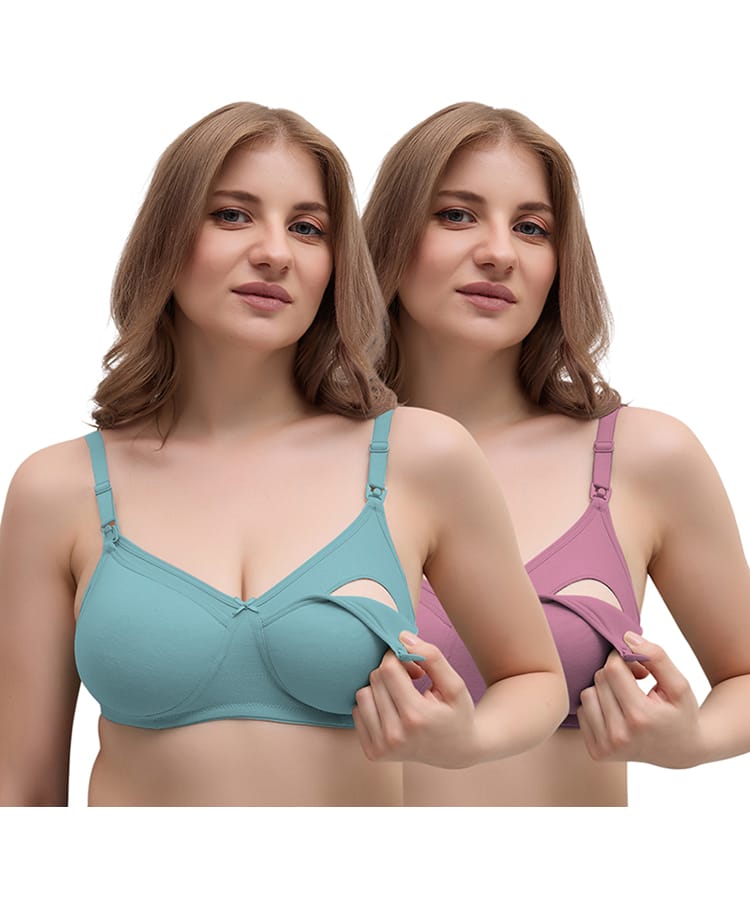 MomToBe Cotton Knit Pack Of 2 Solid Maternity Bras With Front Open Nursing Access - Blue & Purple-image-15