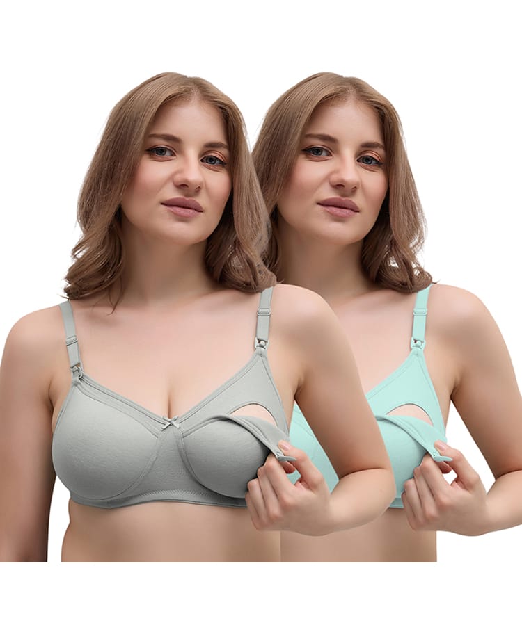 MomToBe Cotton Knit Pack Of 2 Solid Maternity Bras With Front Open Nursing Access - Grey & Sea Green-image-14