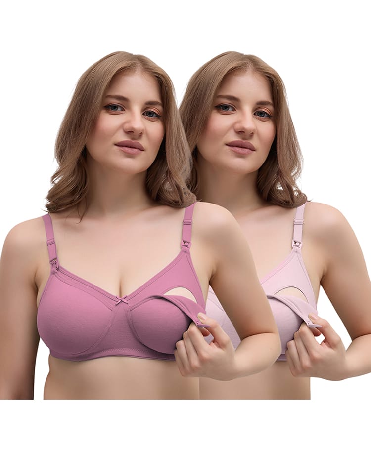 MomToBe Cotton Knit Pack Of 2 Solid Maternity Bras With Front Open Nursing Access - Purple-picture-11