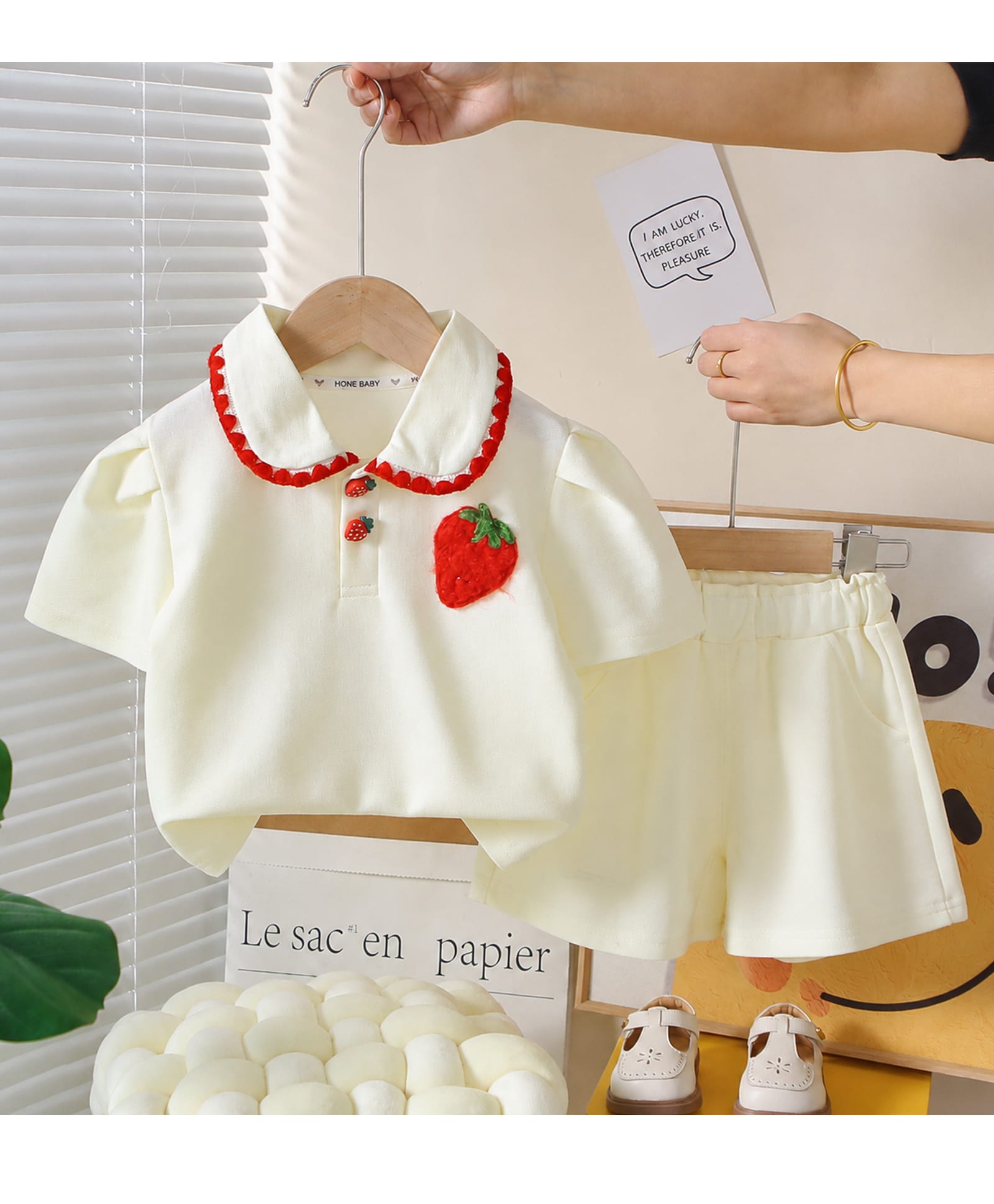 POP STREET KIDS Cotton Blend Knit Half Sleeves Strawberry Applique Detailed Polo Tee & Shorts Set - White-image-24
