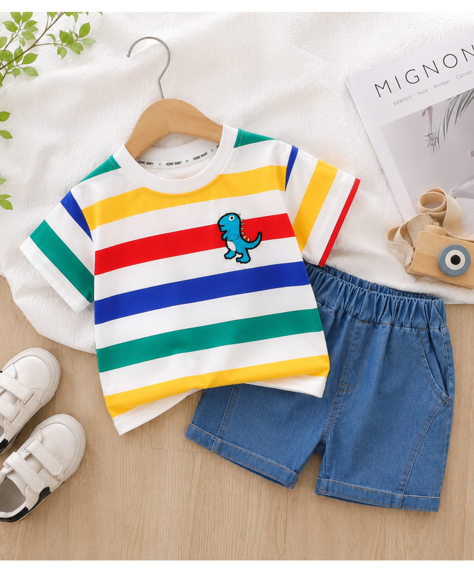 POP STREET KIDS Cotton Blend Knit Half Sleeves Striped & Dinosaur Patch Detailed Tee & Shorts Set - Multi Colour-image-35