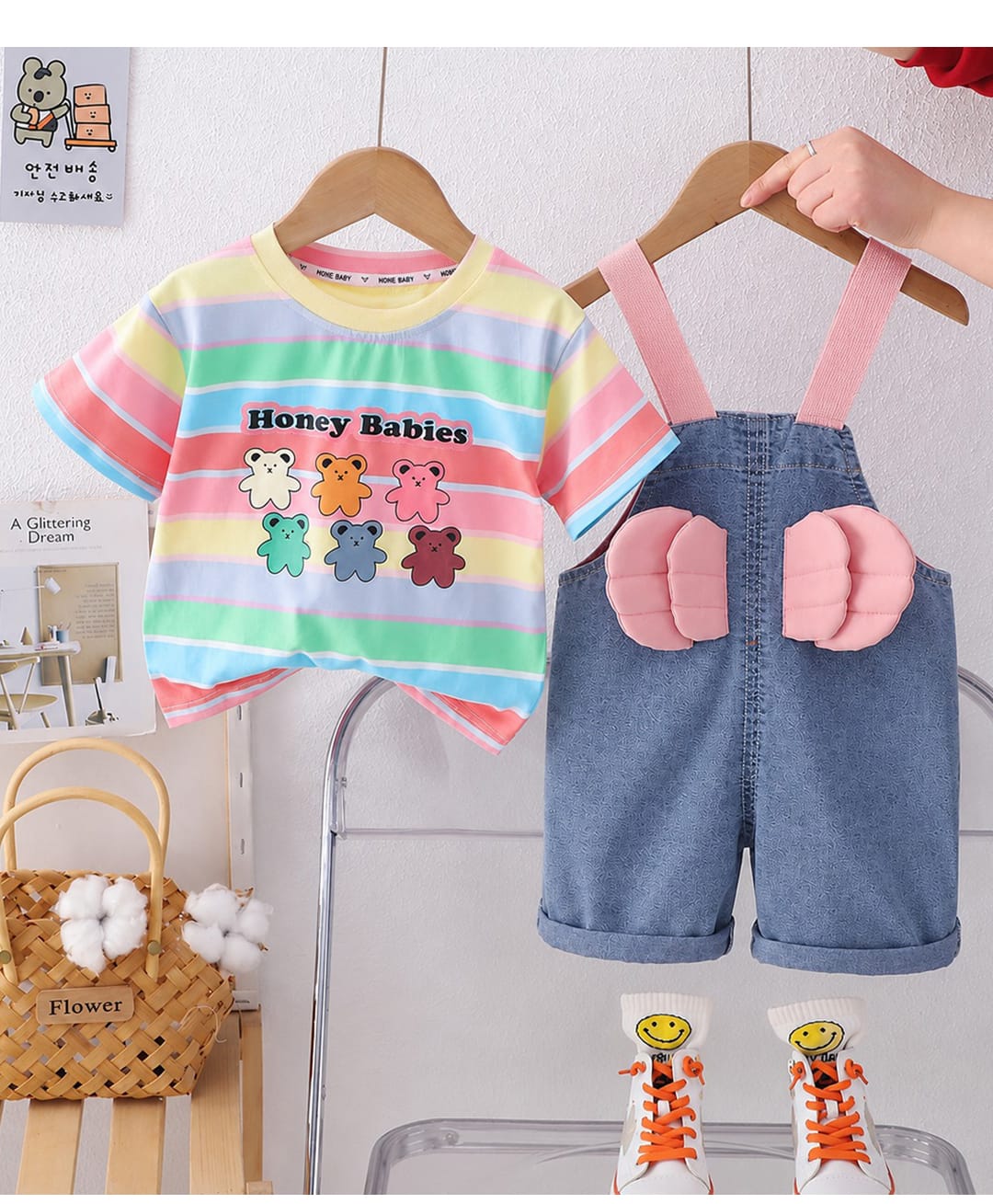 POP STREET KIDS Cotton Blend Knit Wings Applique Detailed Dungaree With Half Sleeves Striped Tee - Multi Colour-image-10