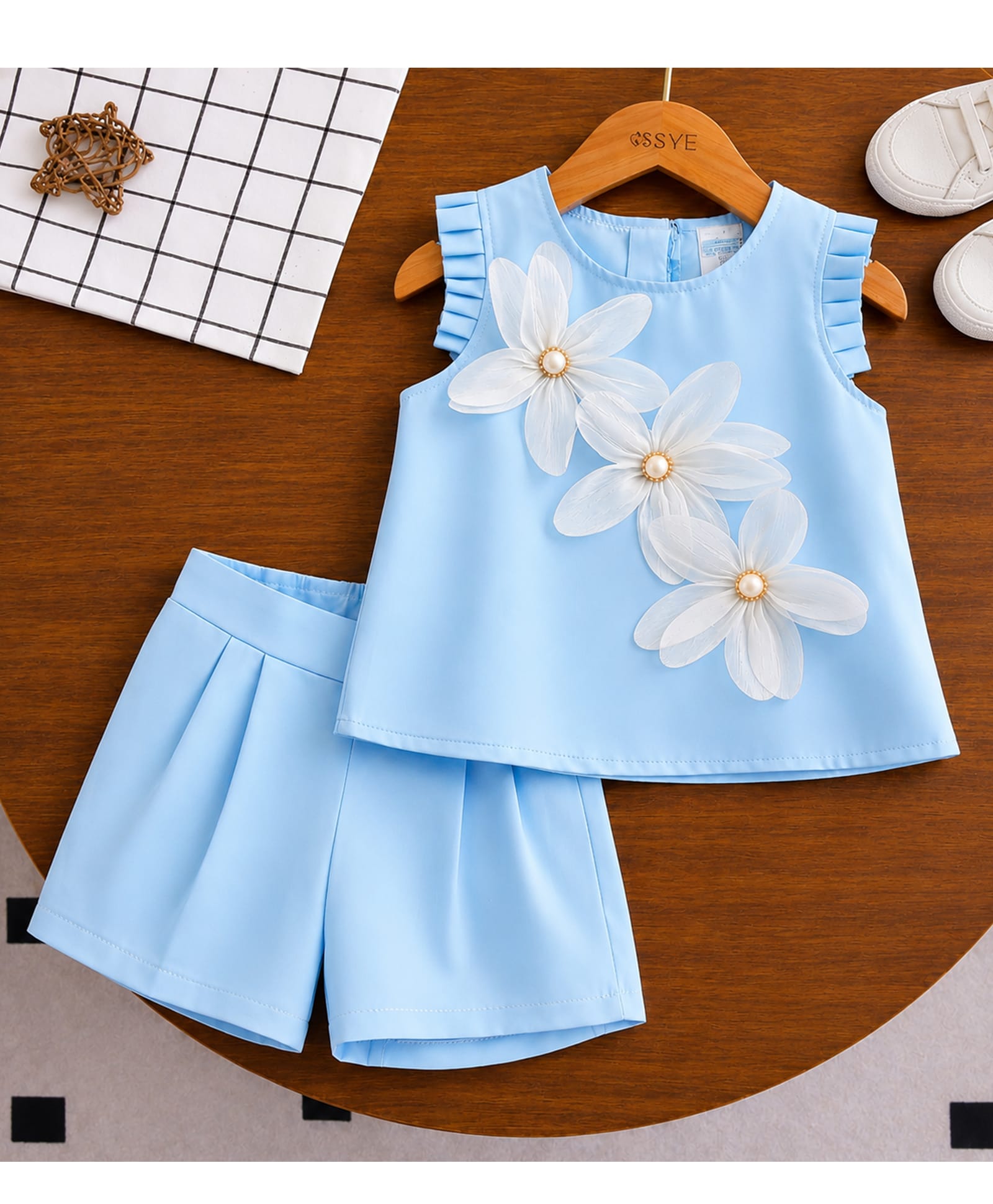 POP STREET KIDS Cotton Blend Woven Sleeveless Floral Applique Detailed Top & Shorts Set - Blue-image-48