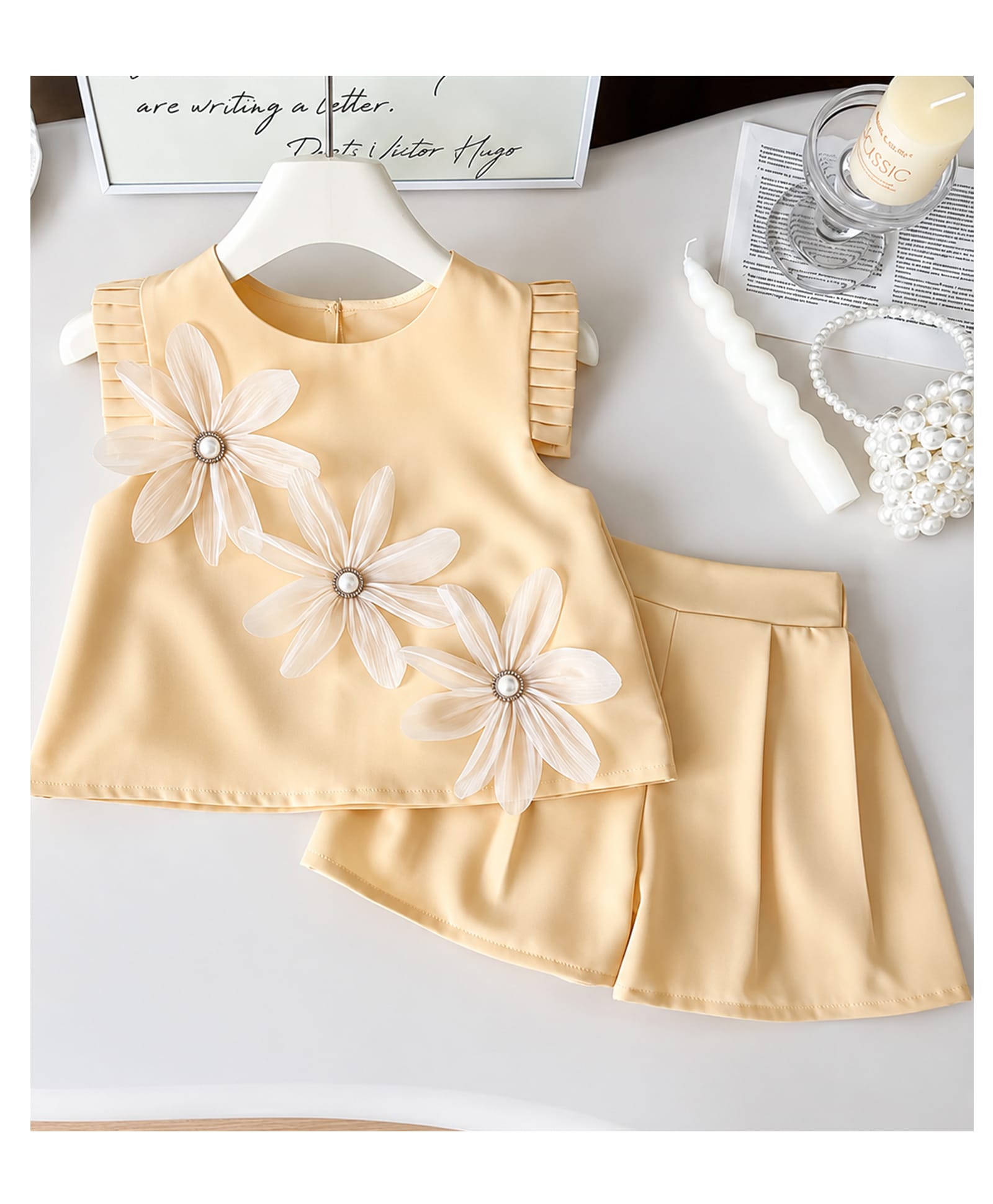 POP STREET KIDS Cotton Blend Woven Sleeveless Floral Applique Detailed Top & Shorts Set - Cream-image-7