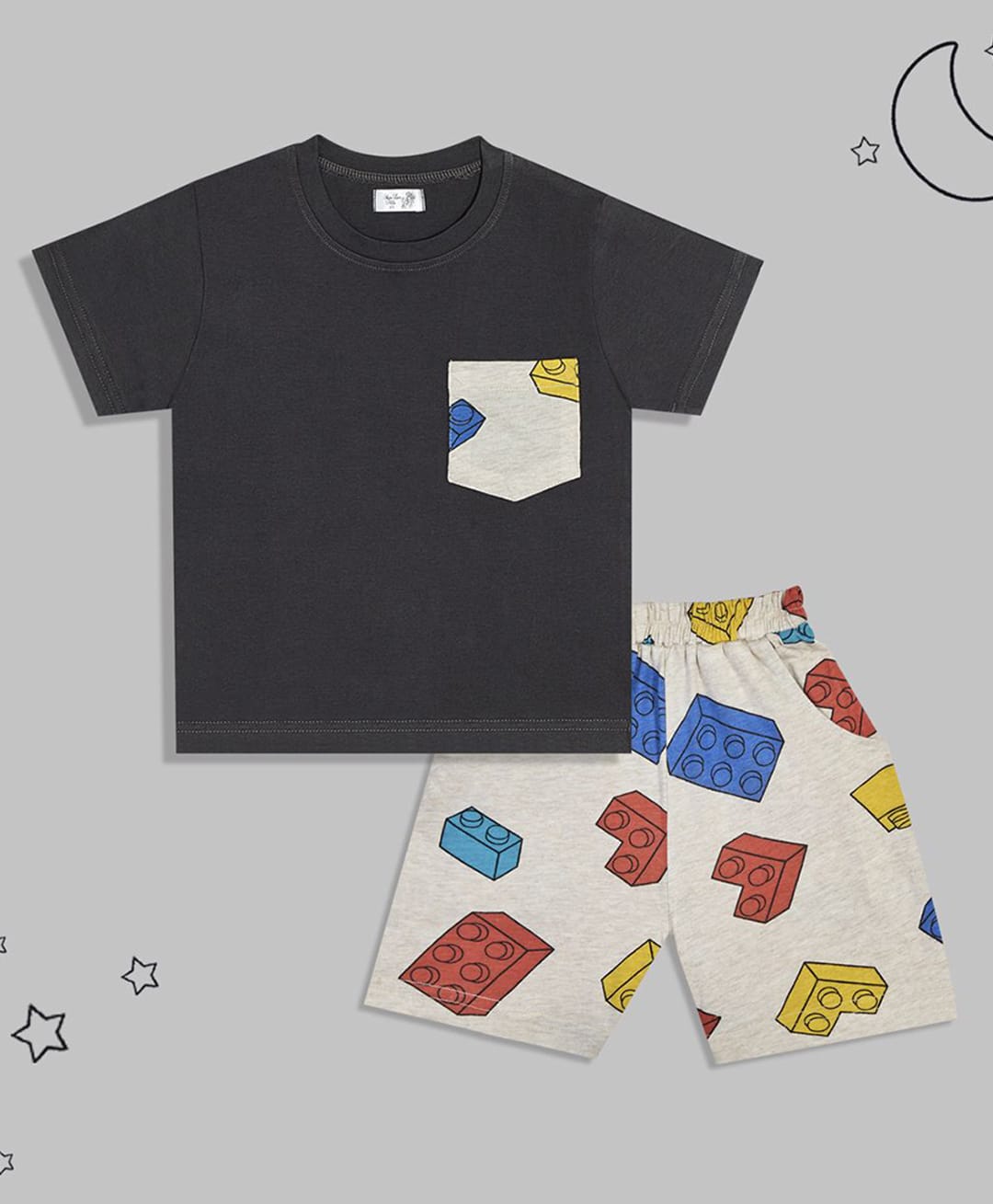 Sheer Love Cotton Jersey Knit Half Sleeves Tee & Building Blocks Printed Shorts Night Suit - Dark Grey-image-39