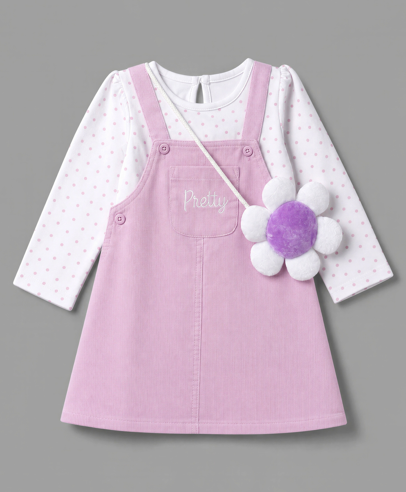 Babyhug Cotton Woven Frock and Inner Tee and Purse with Full Sleeves and Pretty Text Embroidery - Lavender-image-31