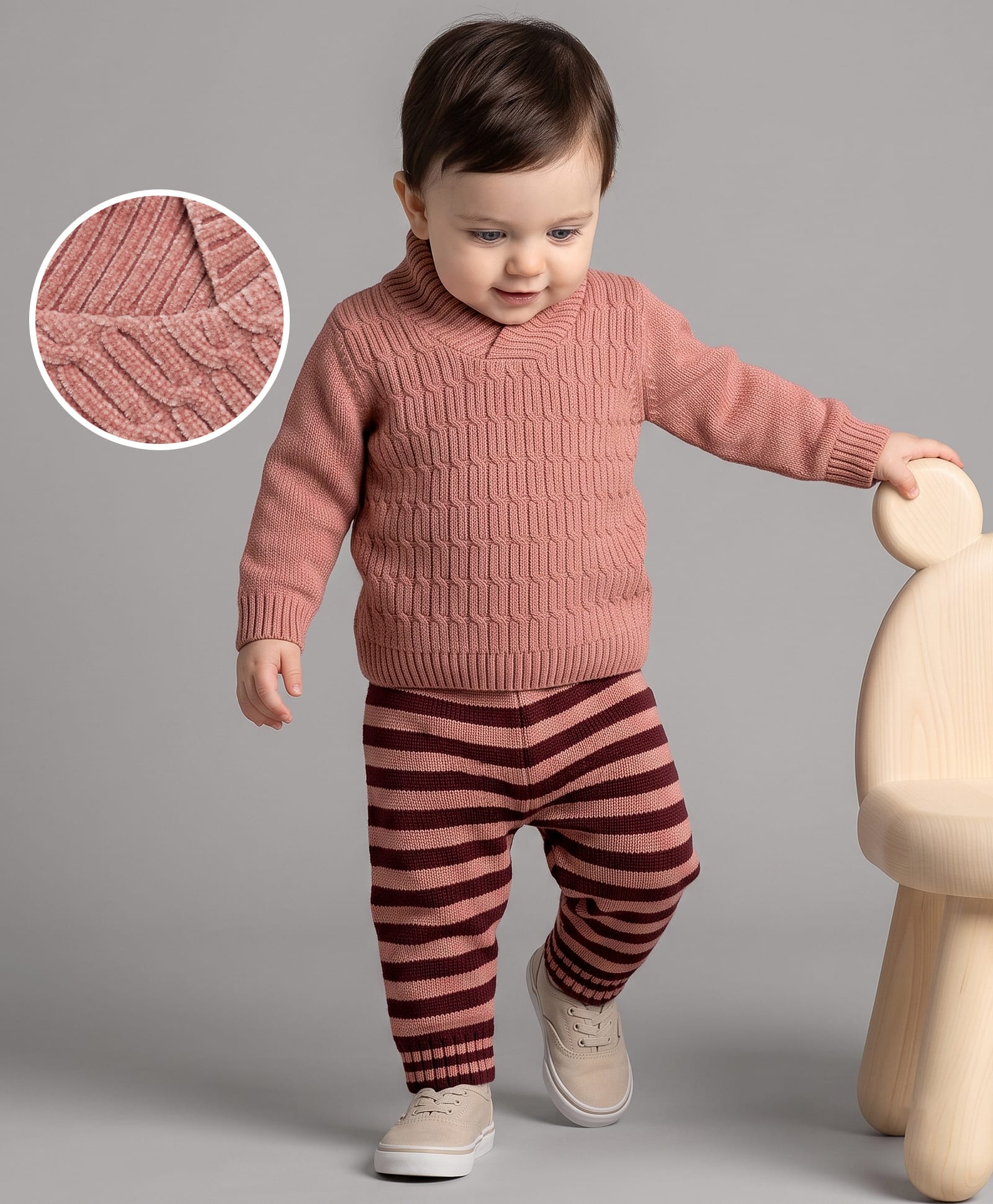 Babyoye Chenille Yarn Cotton Knit Full Sleeves Sweater Set - Brown & Maroon-image-1