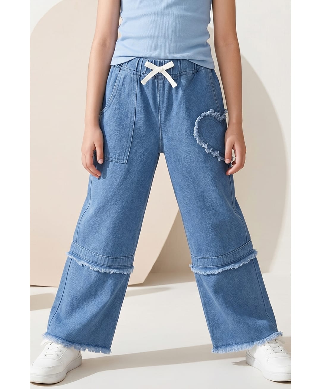 Tales & Stories Denim Woven Frill Heart Patch & Bow Applique Detailed Washed Jeans - Light Blue-picture-19