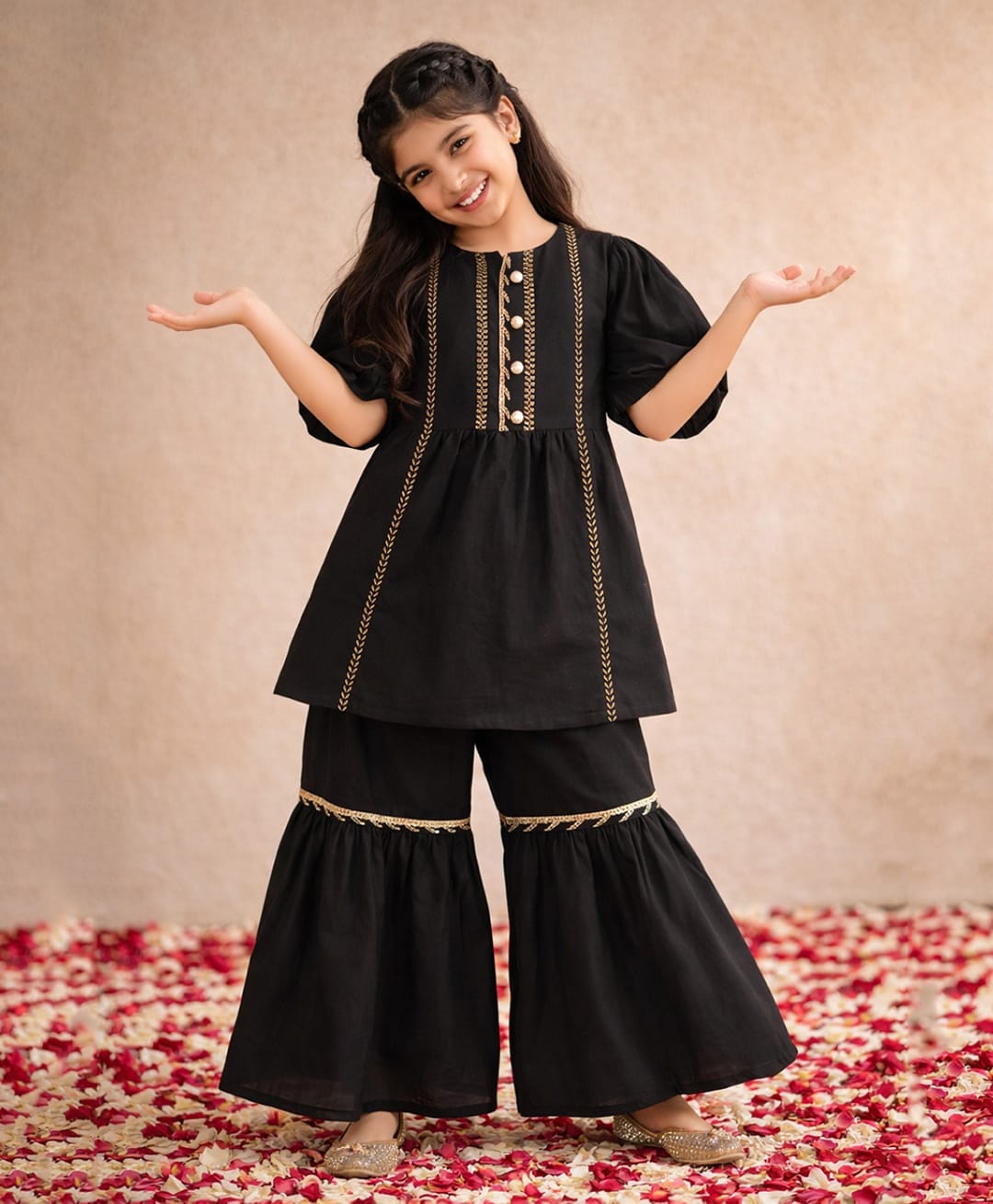 Tales & Stories Chanderi Woven Half Sleeves Gota Lace Embellished & Geometric Embroidered Kurti Sharara Set - Black-image-3