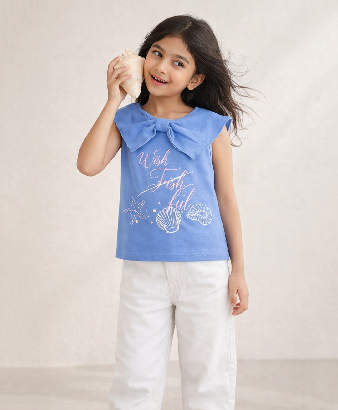 Tales & Stories Lycra Knit Sleeveless Sea Life Theme Printed & Bow Applique Detailed Top - Blue-picture-32