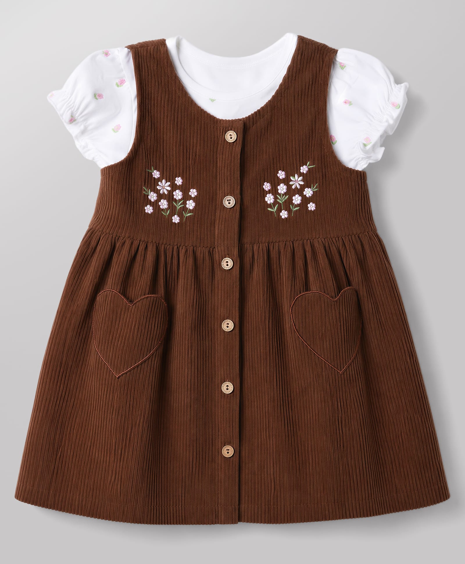 Babyhug Corduroy Woven Frock with Inner Tee with Half Sleeves and Floral Embroidery - Brown-image-28