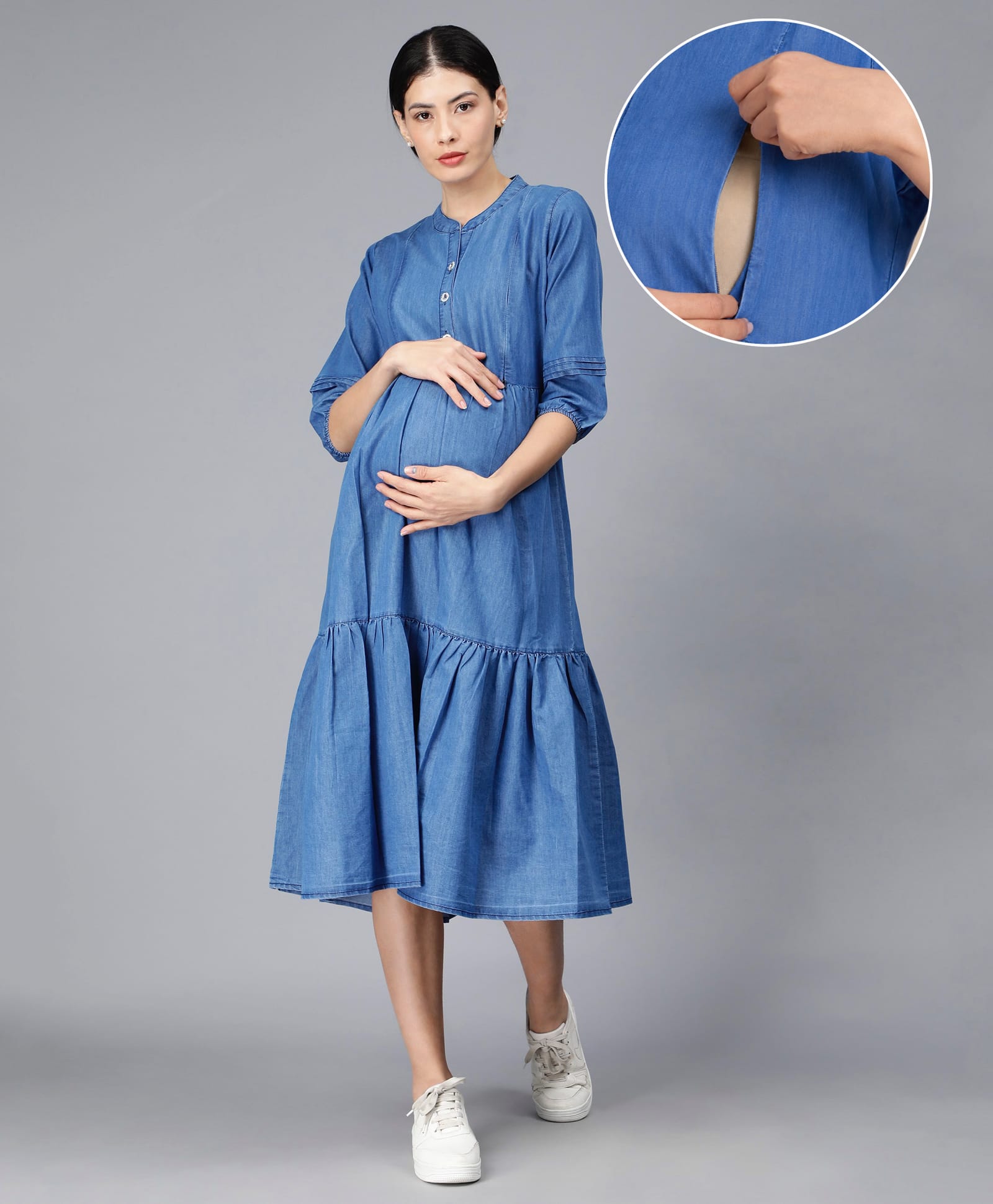 NIGHTSPREE Denim Woven Three Fourth Sleeves Solid Maternity Dress With Side Zipper Nursing Access - Sky Blue-image-46