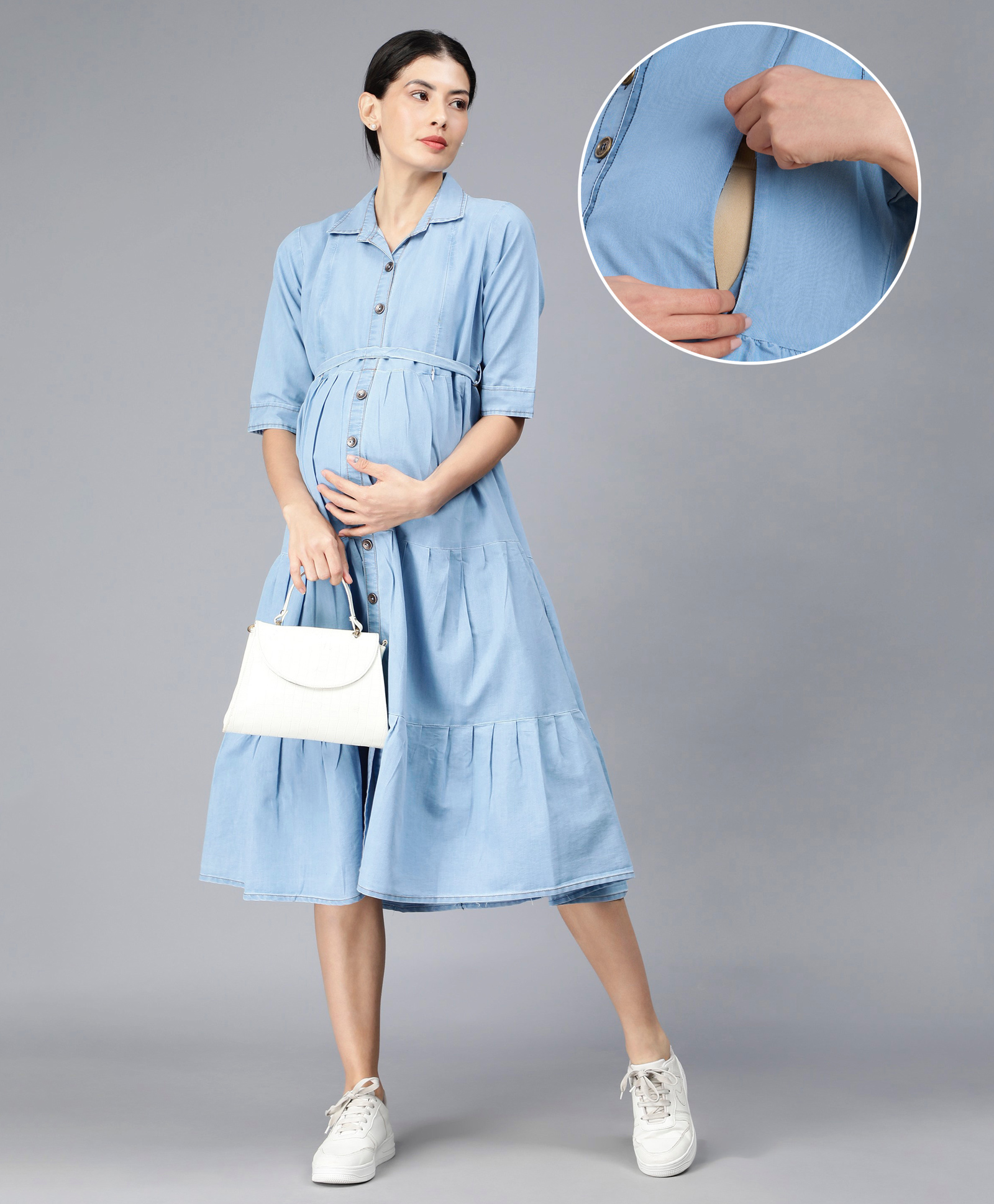 NIGHTSPREE Denim Woven Half Sleeves Solid Maternity Dress With Side Zipper Nursing Access - Sky Blue-picture-20