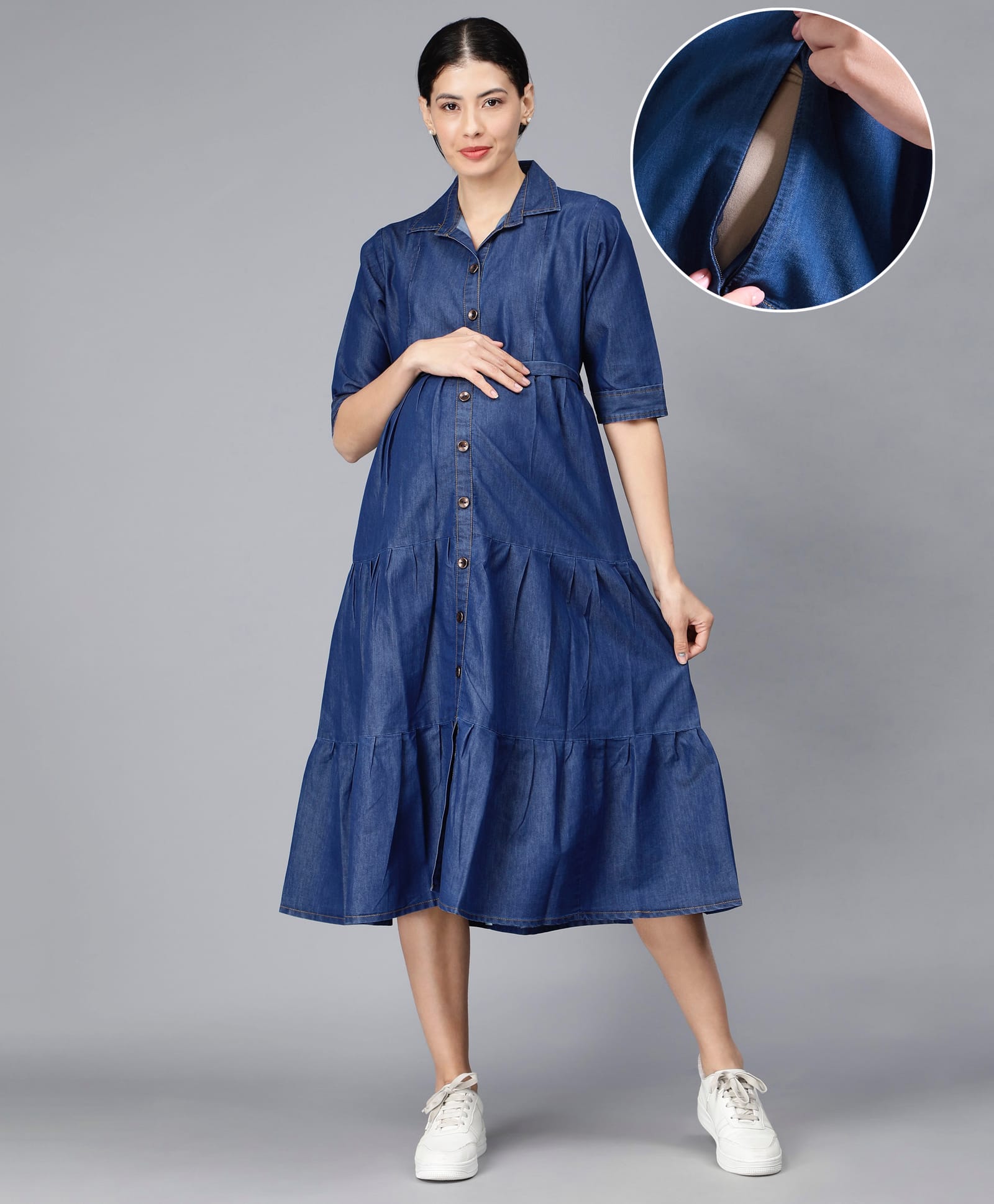 NIGHTSPREE Denim Woven Half Sleeves Solid Maternity Dress With Side Zipper Nursing Access - Dark Blue-image-49