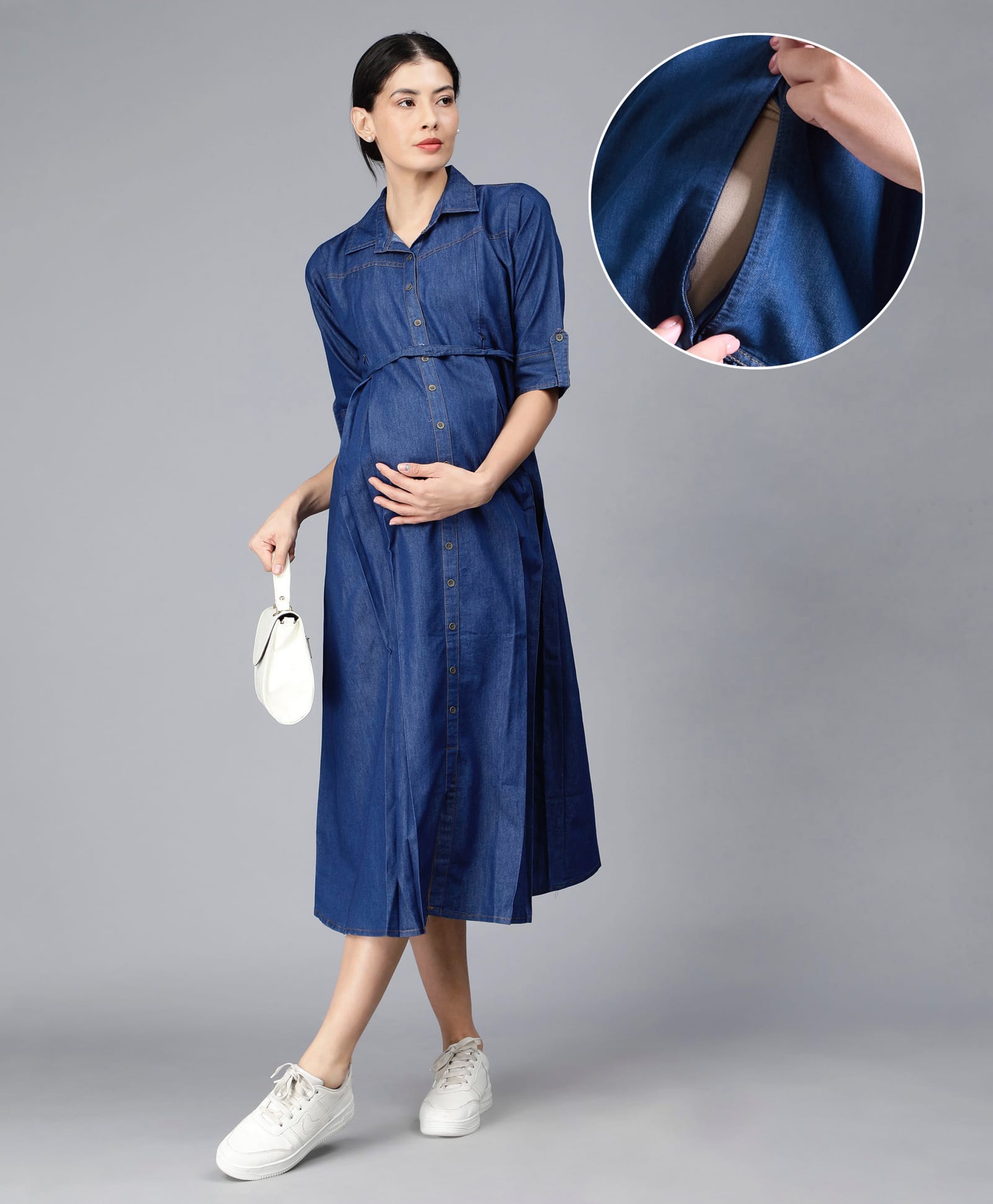 NIGHTSPREE Denim Woven Half Sleeves Solid Maternity Dress With Side Zipper Nursing Access - Dark Blue-image-28