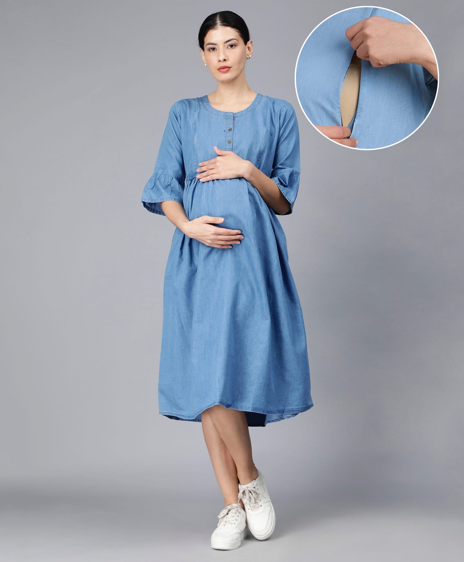 NIGHTSPREE Denim Woven Three Fourth Sleeves Solid Maternity Dress With Side Zipper Nursing Access - Sky Blue-image-29