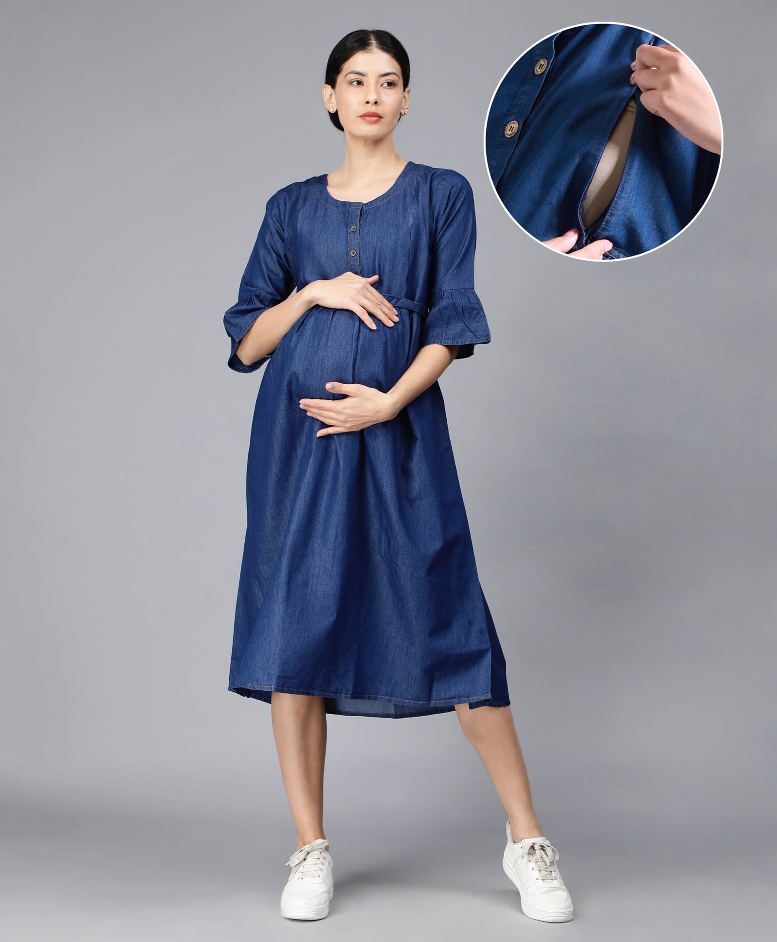 NIGHTSPREE Denim Woven Three Fourth Sleeves Solid Maternity Dress With Side Zipper Nursing Access - Dark Blue-picture-4
