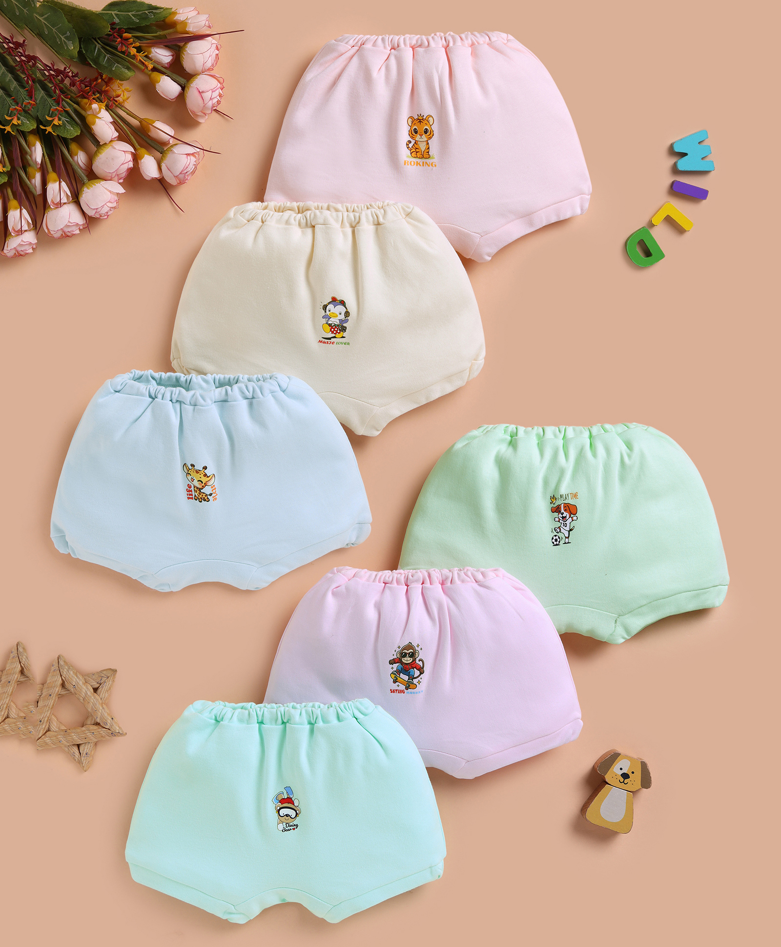 Unfab Cotton Knit Pack Of 6 Animal Printed Panties - Green Pink Blue Peach Sky Blue & Yellow-picture-32