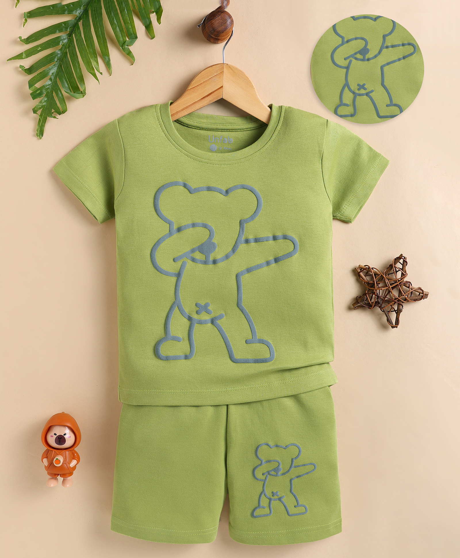 Unfab Cotton Knit Half Sleeves Teddy Printed Tee & Shorts Set - Olive Green-picture-9