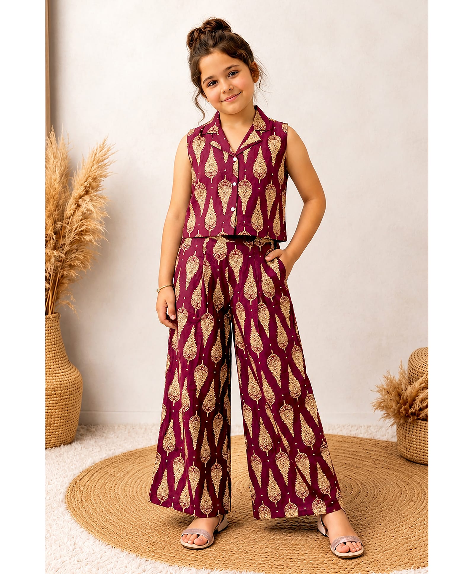 Fashion Dream Knit Half Sleeves Leave Printed Coordinating Top & Palazzo Set - Maroon-image-25