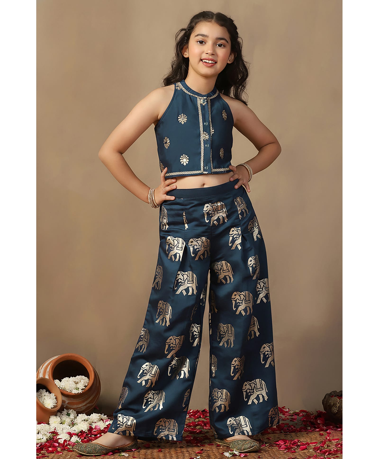 Fashion Dream Silk Woven Sleeveless Lace Embellished Floral & Animal Foil Printed Top & Palazzo Set - Morpich-image-24
