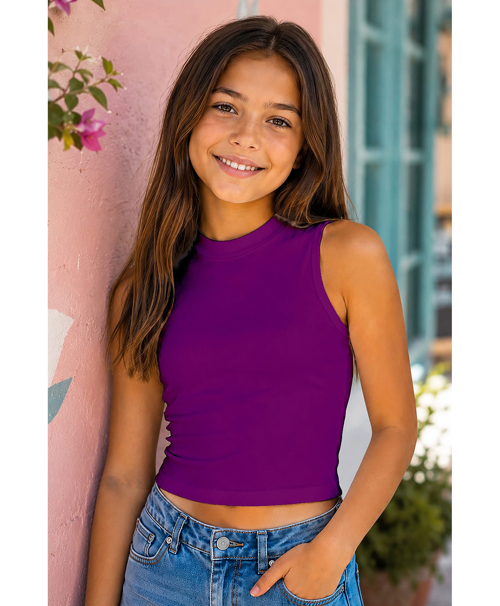 Fashion Dream Cotton Blend Knit Sleeveless Solid Crop Top - Purple-image-0