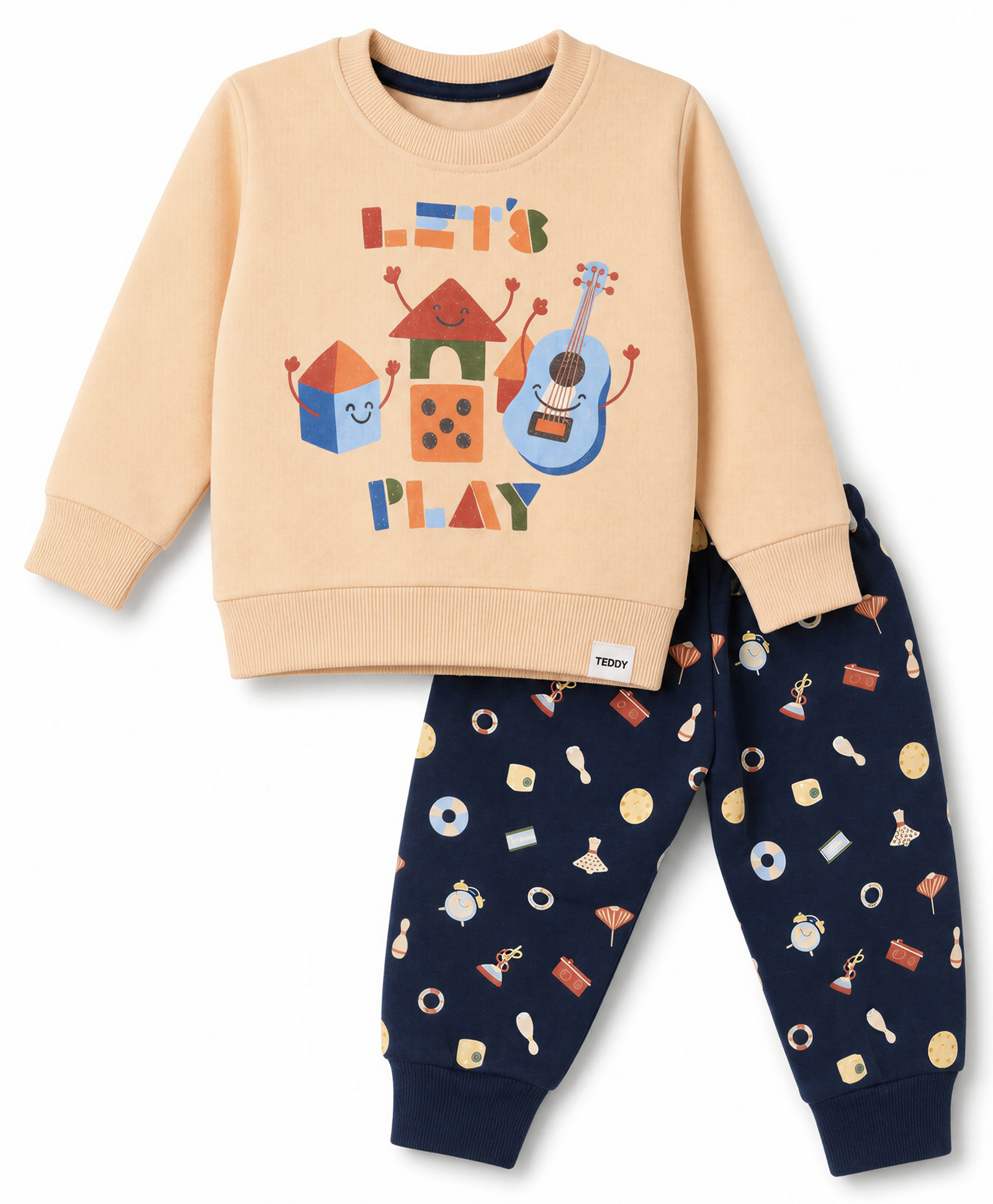 Teddy Fleece Knit Full Sleeves Winter Wear Suit With Let's Go Print - Navy Blue & Beige-image-42