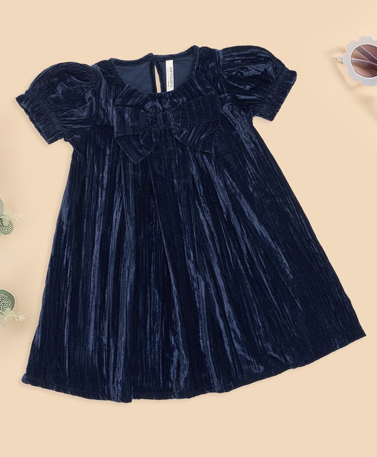 Pantaloons Baby Knit Puffed Sleeves Bow Applique Dress - Navy Blue-image-18